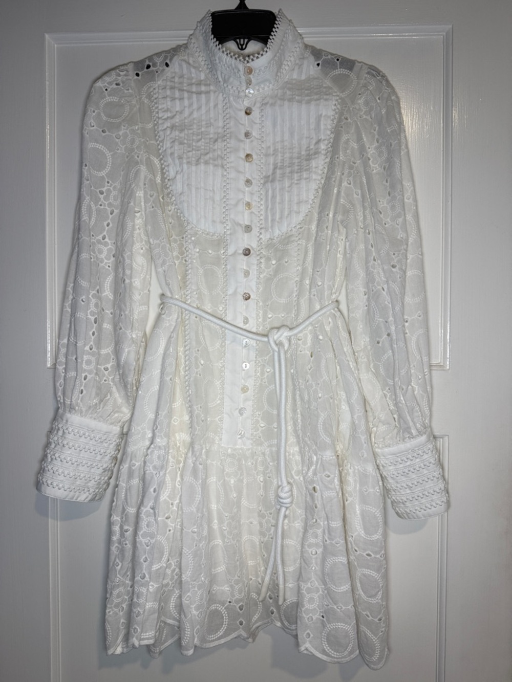 White Eyelet Lace Long-Sleeve Dress with Belt